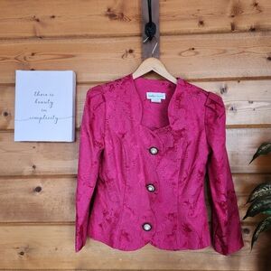 Lindsey Scott Vintage Pink Floral Damask Metallic Cap Pearl Brooch Suit Jacket 8